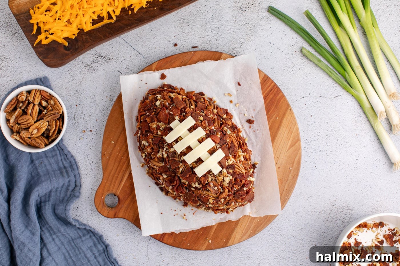 overhead of football cheese ball