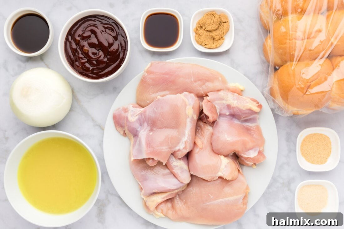 A flat lay photograph showcasing all the fresh ingredients required to make the delicious BBQ Chicken Sandwich.