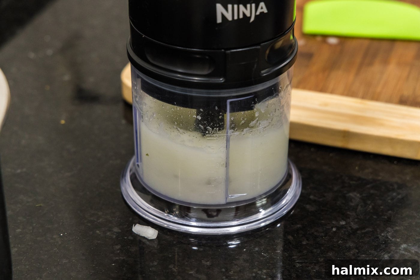 Finely minced onion after being blitzed in a food processor