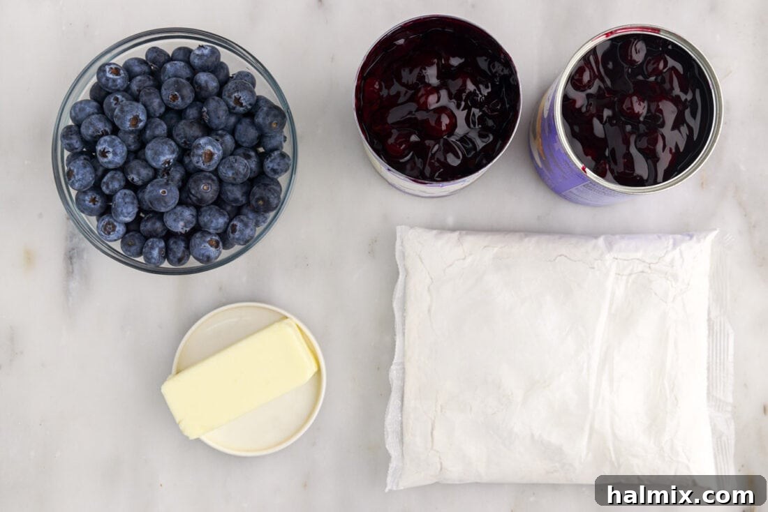 Blueberry Crumble Bake 4 Four ingredients laid out for Blueberry Dump Cake: blueberry pie filling, yellow cake mix, a stick of butter, and a bowl of fresh blueberries