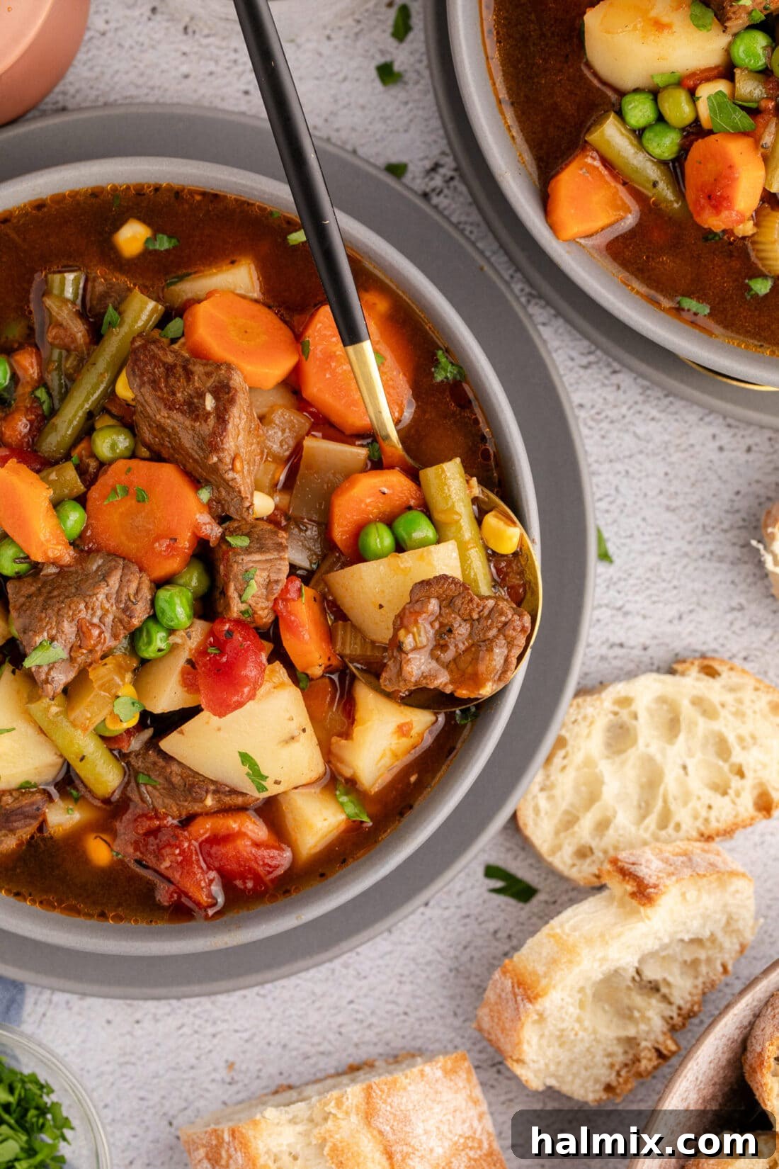 Close up photo of a bowl of homemade Vegetable Beef Soup, garnished with fresh herbs.
