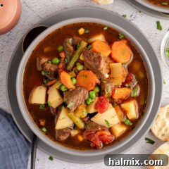 Overhead photo of a bowl of Vegetable Beef Soup