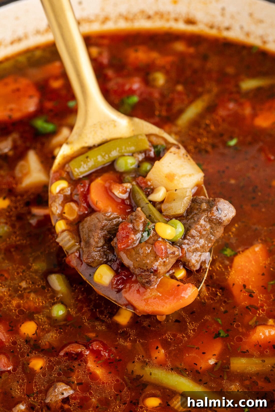 Close up photo of a spoonful of Vegetable Beef Soup, showing tender beef and vibrant vegetables.
