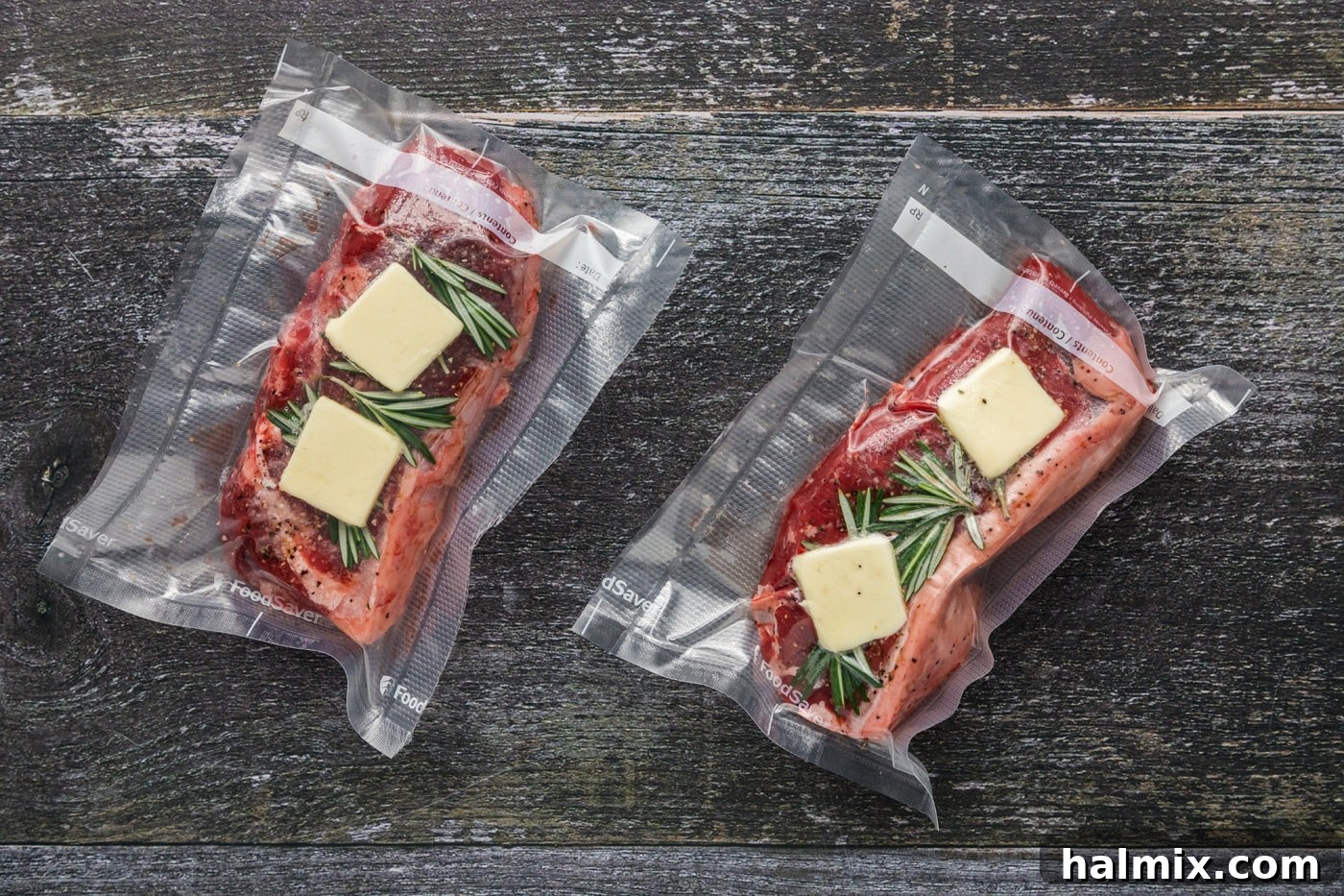 Vacuum-sealed New York strip steaks, ready for the water bath