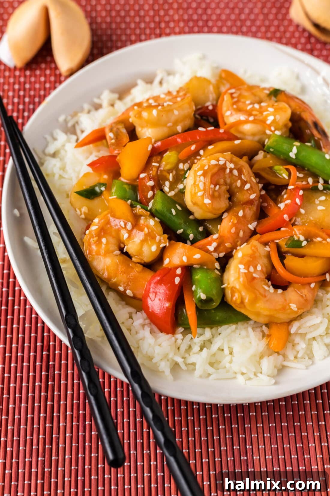 Sweet Chili Shrimp Stir-Fry 3 Close up photo of Shrimp Stir Fry on a plate served over rice