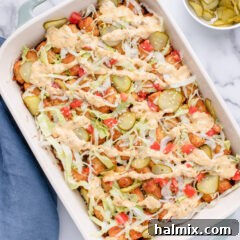 Overhead photo of Big Mac Casserole, garnished and ready to serve.
