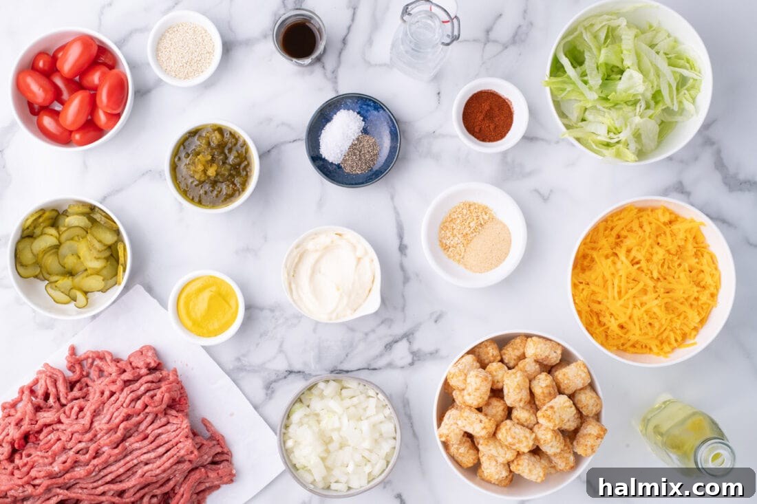 All the fresh ingredients laid out, ready for making Big Mac Casserole.
