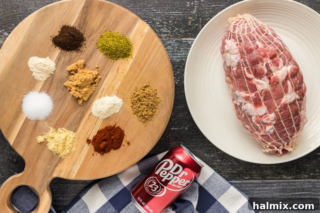 Ingredients for Dutch Oven Pulled Pork laid out on a counter