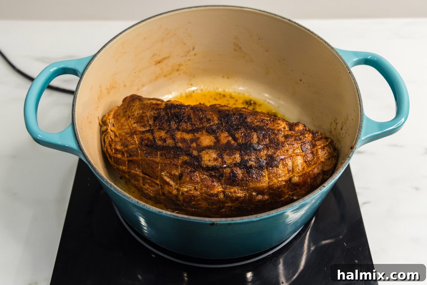 close-up of seared pork shoulder in a dutch oven