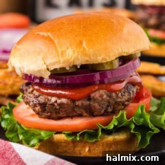 Close up photo of an Air Fryer Burger with melted cheese and fresh toppings, ready to be eaten.