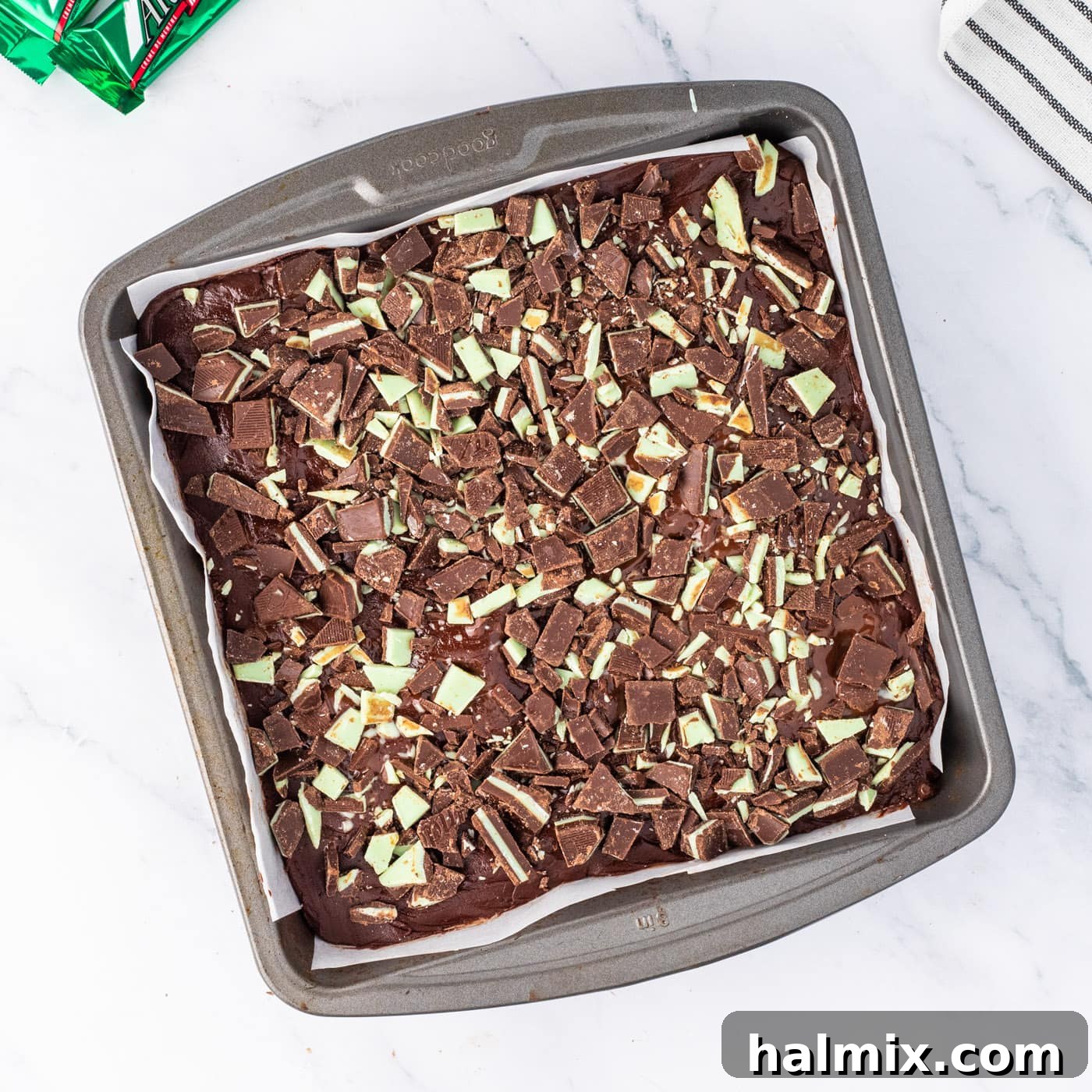chopped chocolate mints on top of Andes mint fudge