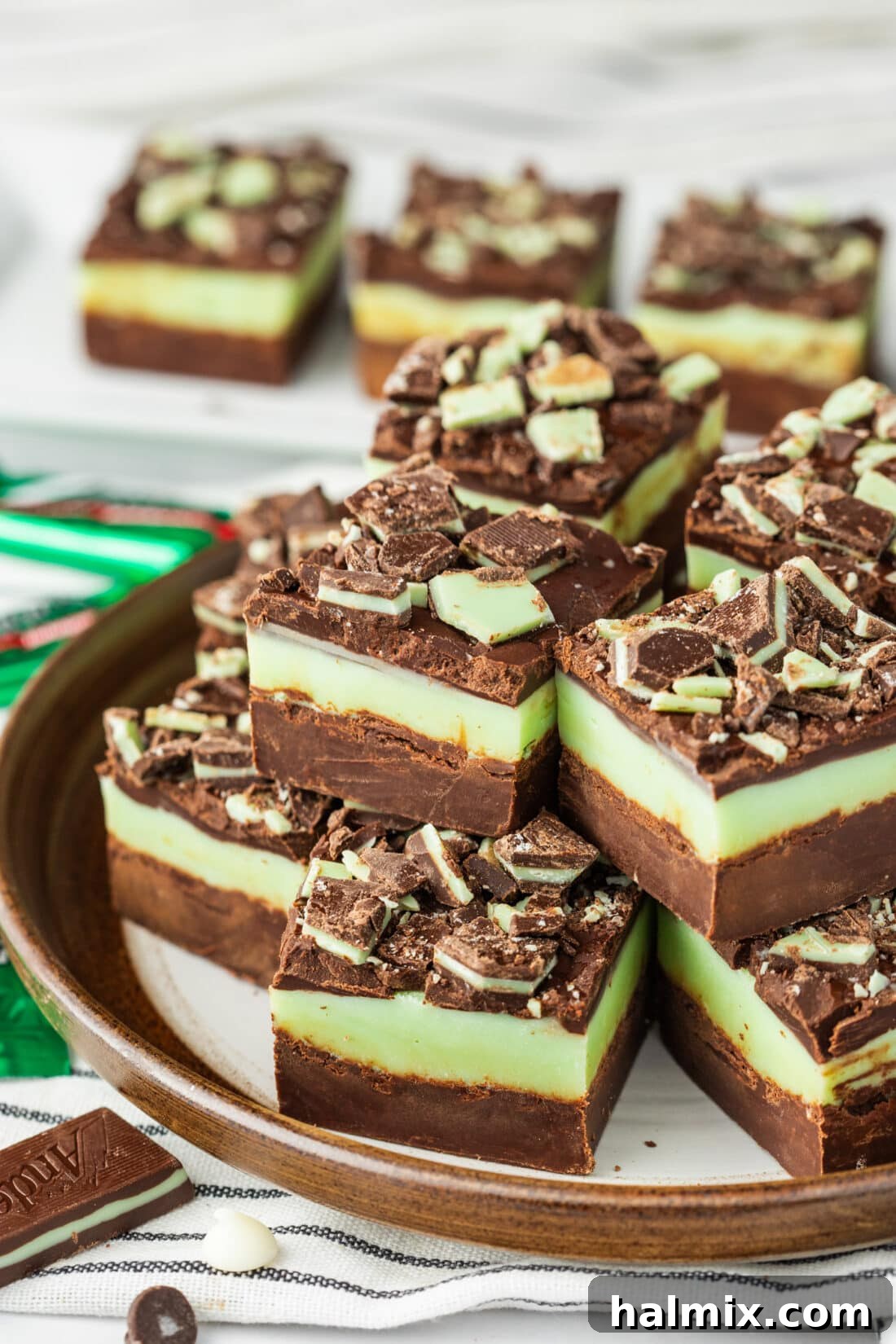 Andes Mint Fudge stacked on a plate