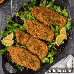 Almond Crusted Chicken breasts on a bed of lettuce, beautifully plated.