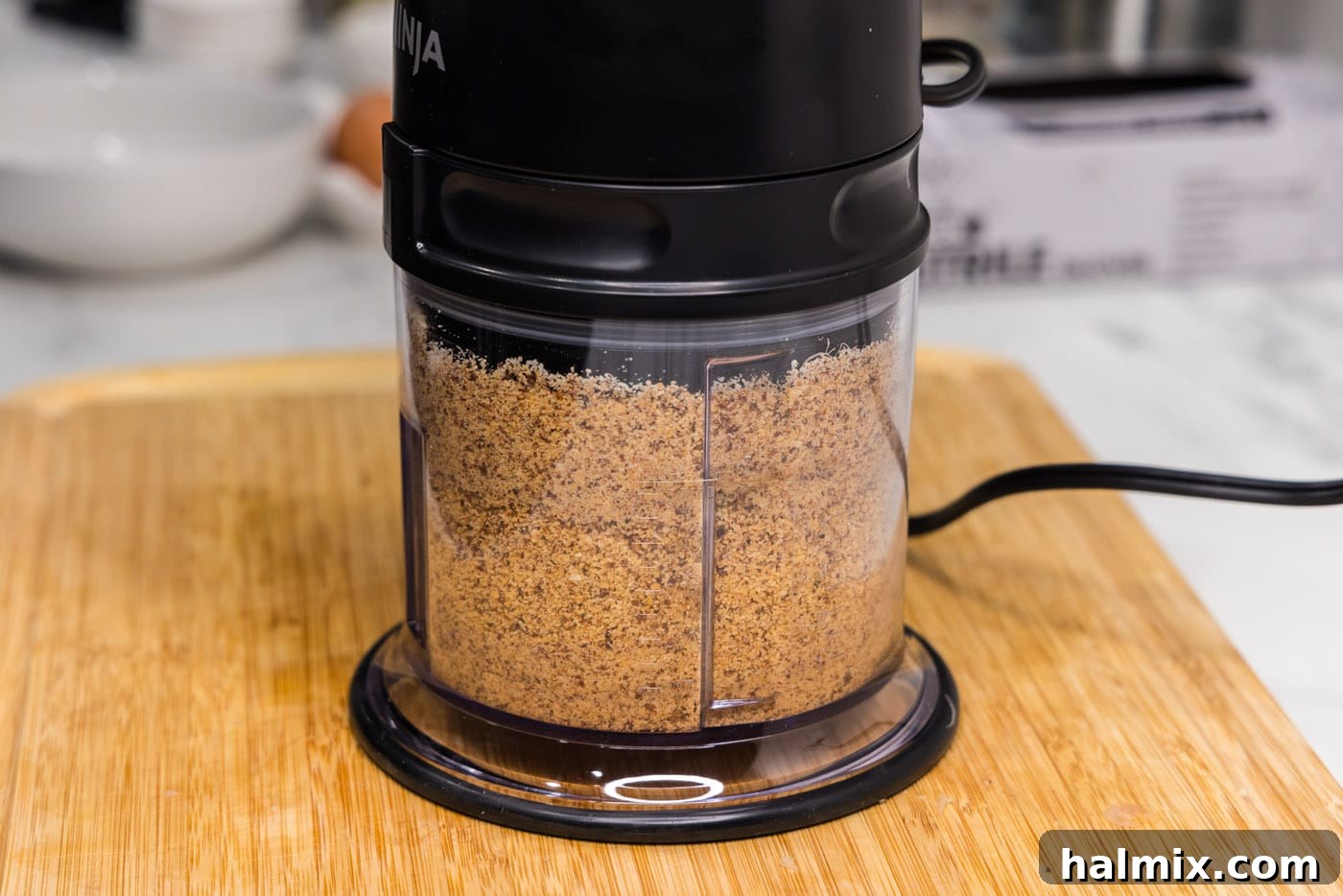 Finely crushed almonds and seasonings in a food processor, ready for coating.