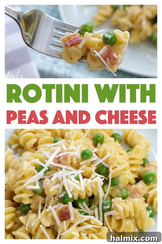 A vibrant and appetizing close-up of Rotini with Peas and Cheese, emphasizing the fresh peas and rich sauce.