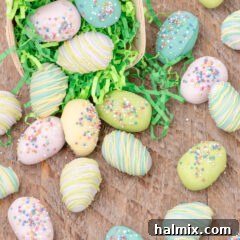 Delightful Easter Egg Oreo Truffles 14 Close up photo of Easter Egg Oreo Truffles falling out of an Easter basket