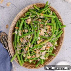 Close up photo of Green Beans Almondine in a serving platter