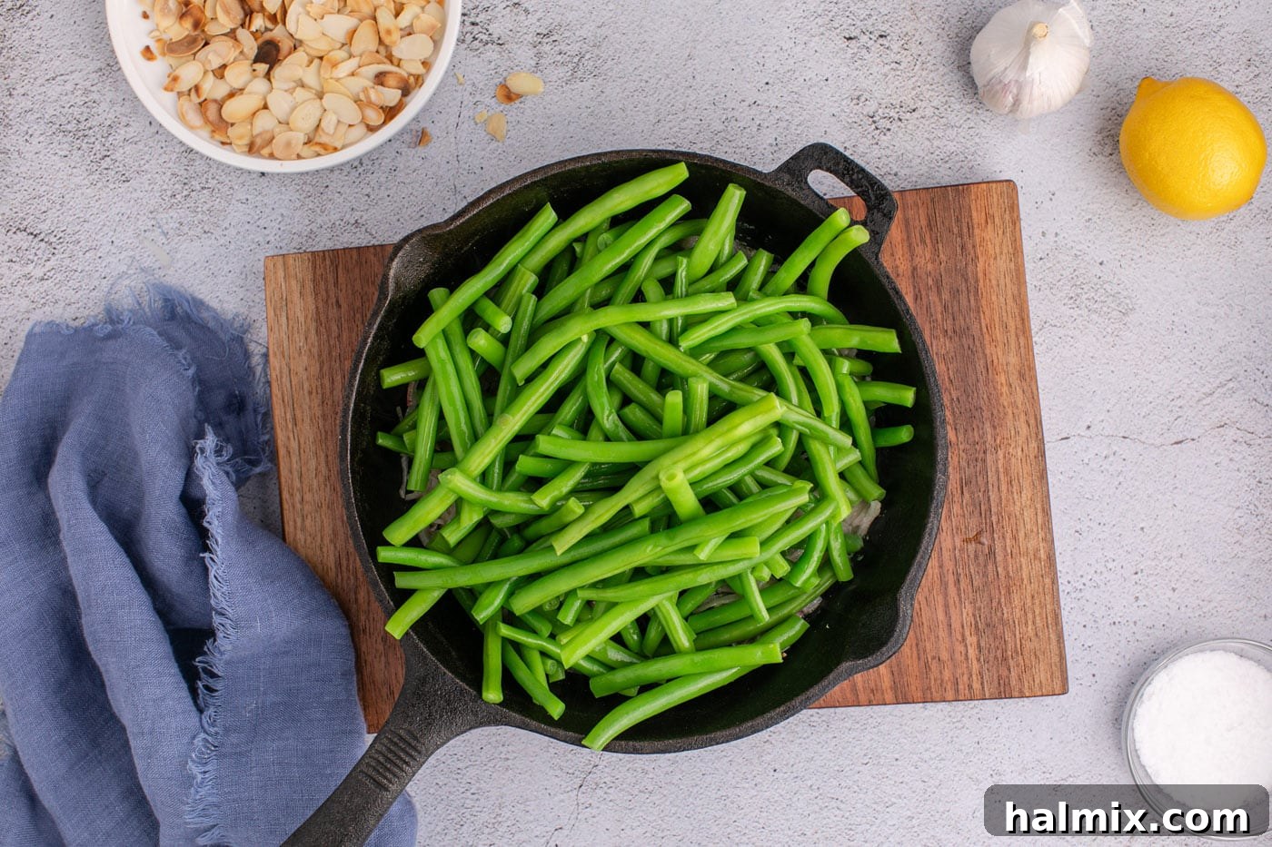 green beans added to skillet