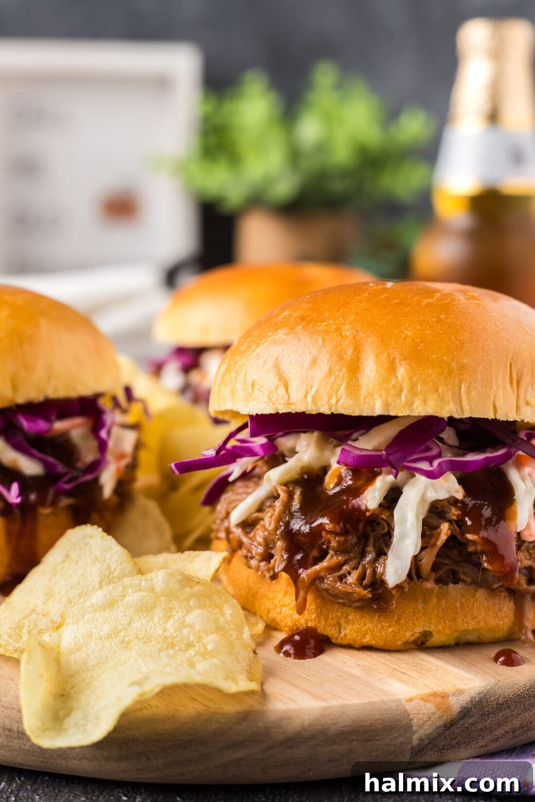 Close up photo of a Pulled Pork Sandwich with chips on the side