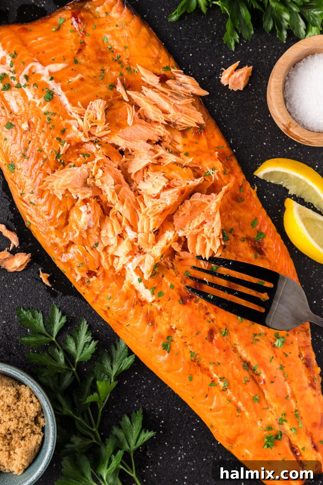 Close up photo of Smoked Trout shredded apart by a fork