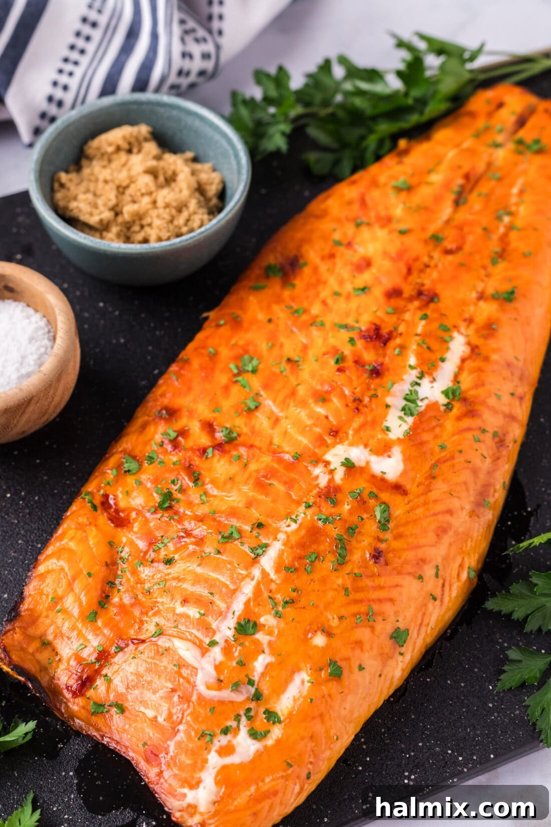Side shot of Smoked Trout on a platter