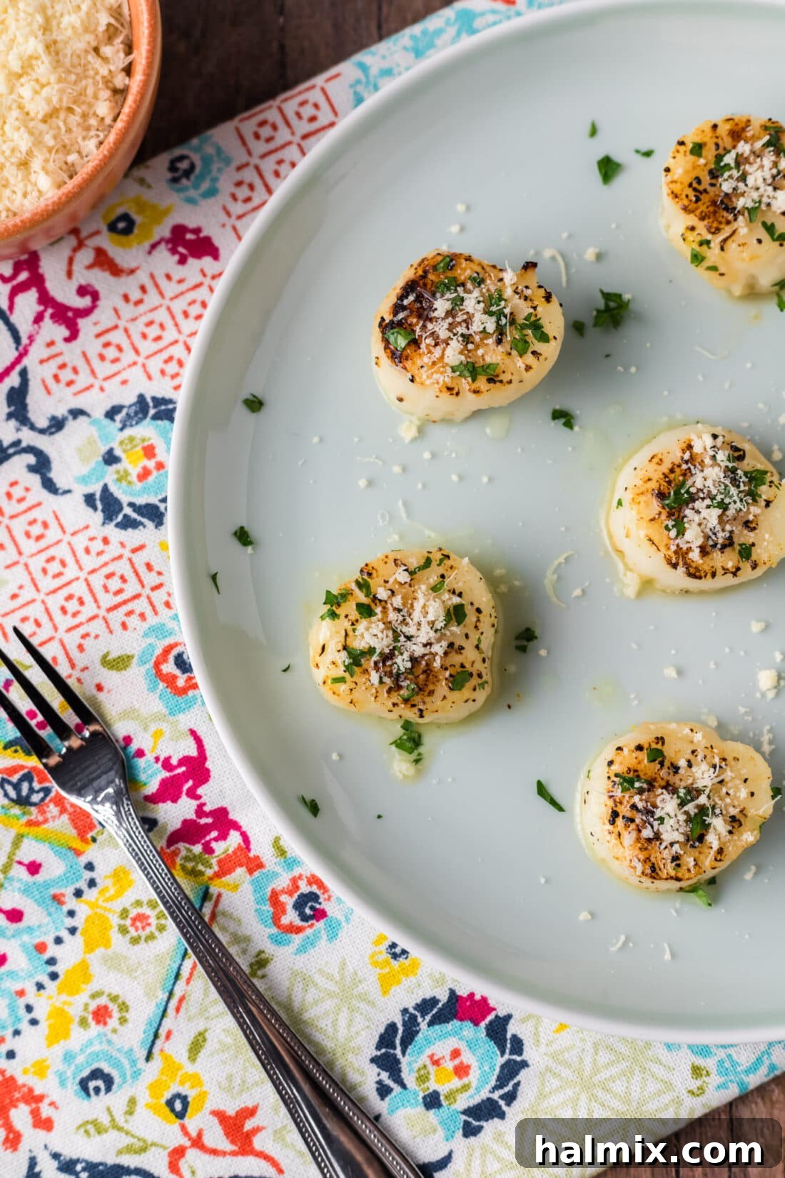 Golden Broiled Scallops 2 Close up photo of Broiled Scallops on a plate, showcasing their golden crust and tender appearance.