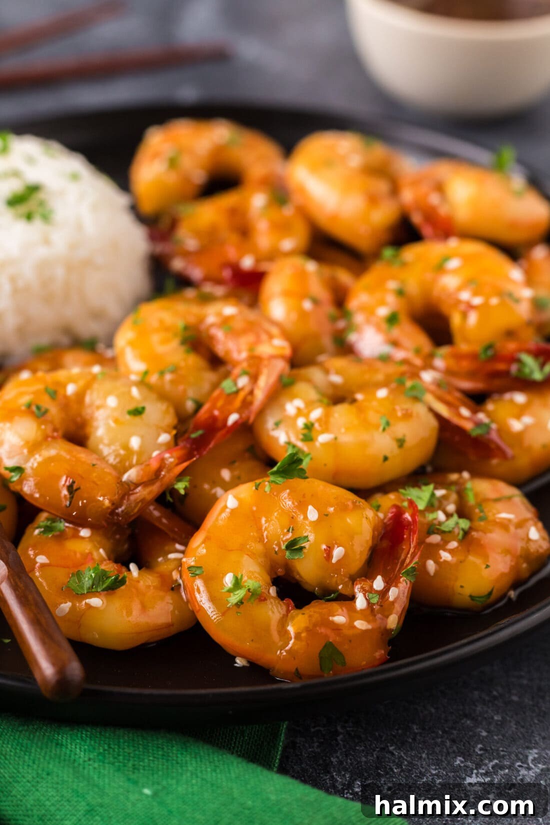 Golden Honey Garlic Shrimp 11 Close up photo of Honey Garlic Shrimp served on a white plate