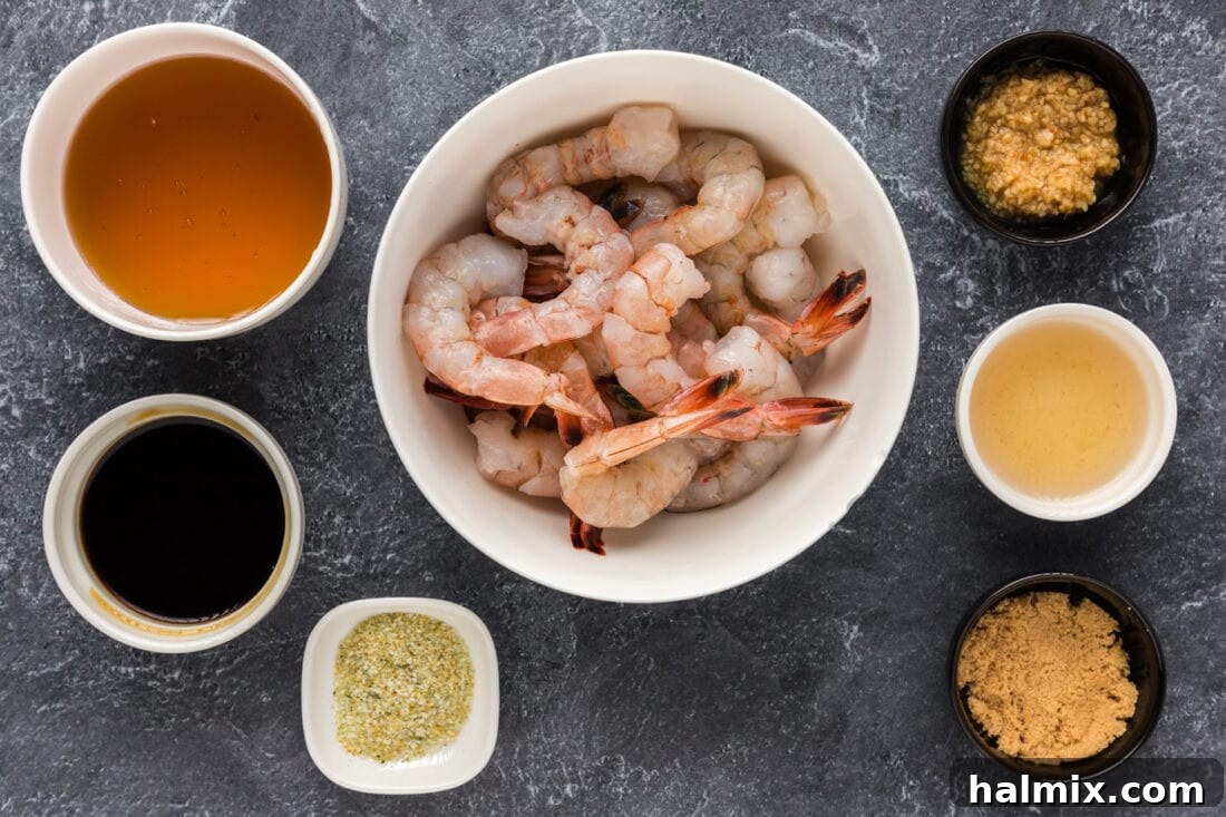 Golden Honey Garlic Shrimp 4 All ingredients for Honey Garlic Shrimp laid out on a kitchen counter