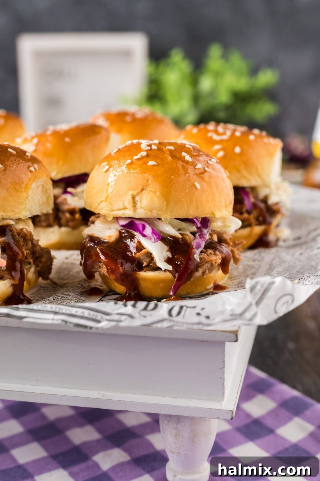 Pulled Pork Mini Buns 3 Close up photo of a Pulled Pork Slider on a serving platter