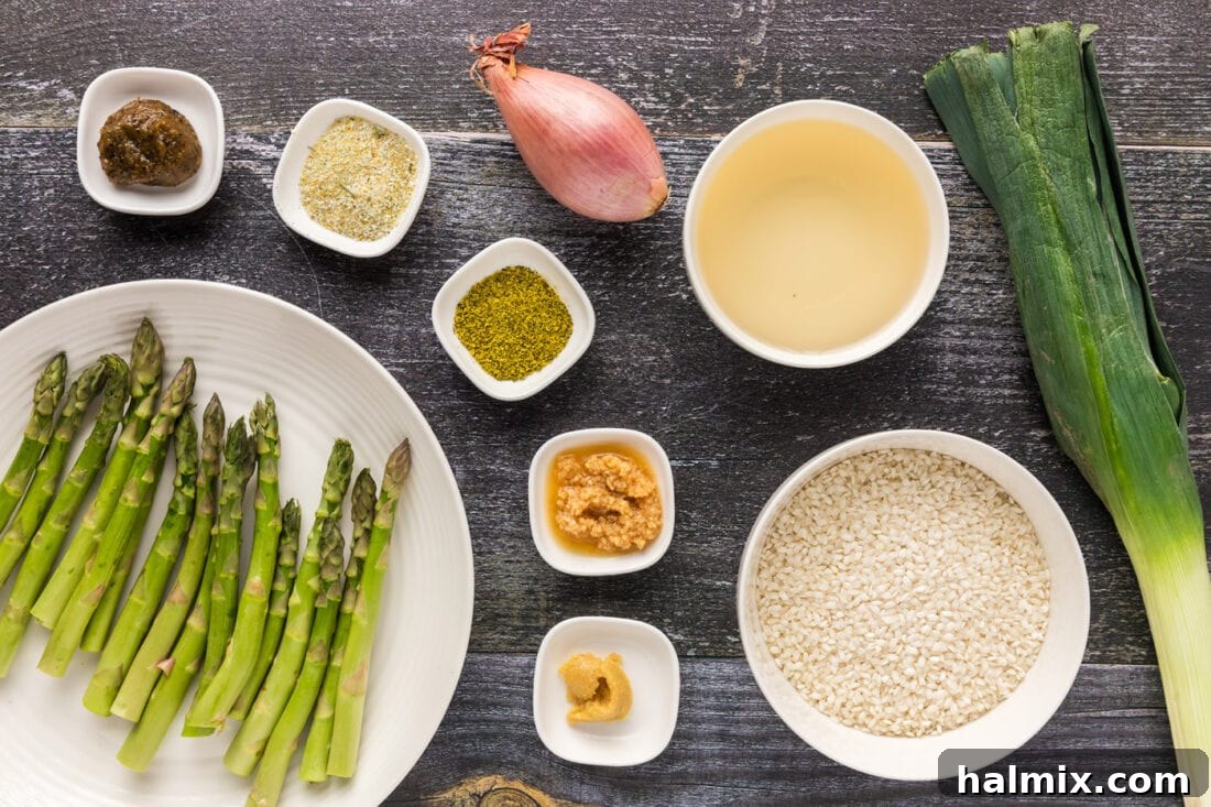 Verdant Asparagus Risotto 4 Collection of fresh ingredients for Asparagus Risotto, including asparagus, leeks, shallots, and Arborio rice