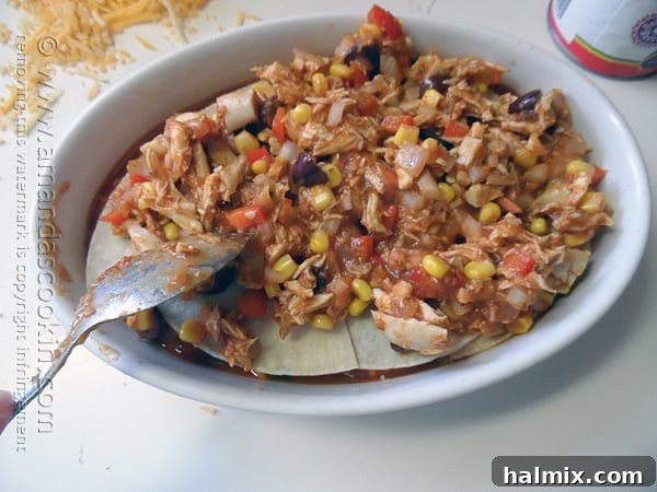 First layer of enchilada sauce and quartered corn tortillas in a baking dish for Chicken Tostada Casserole.
