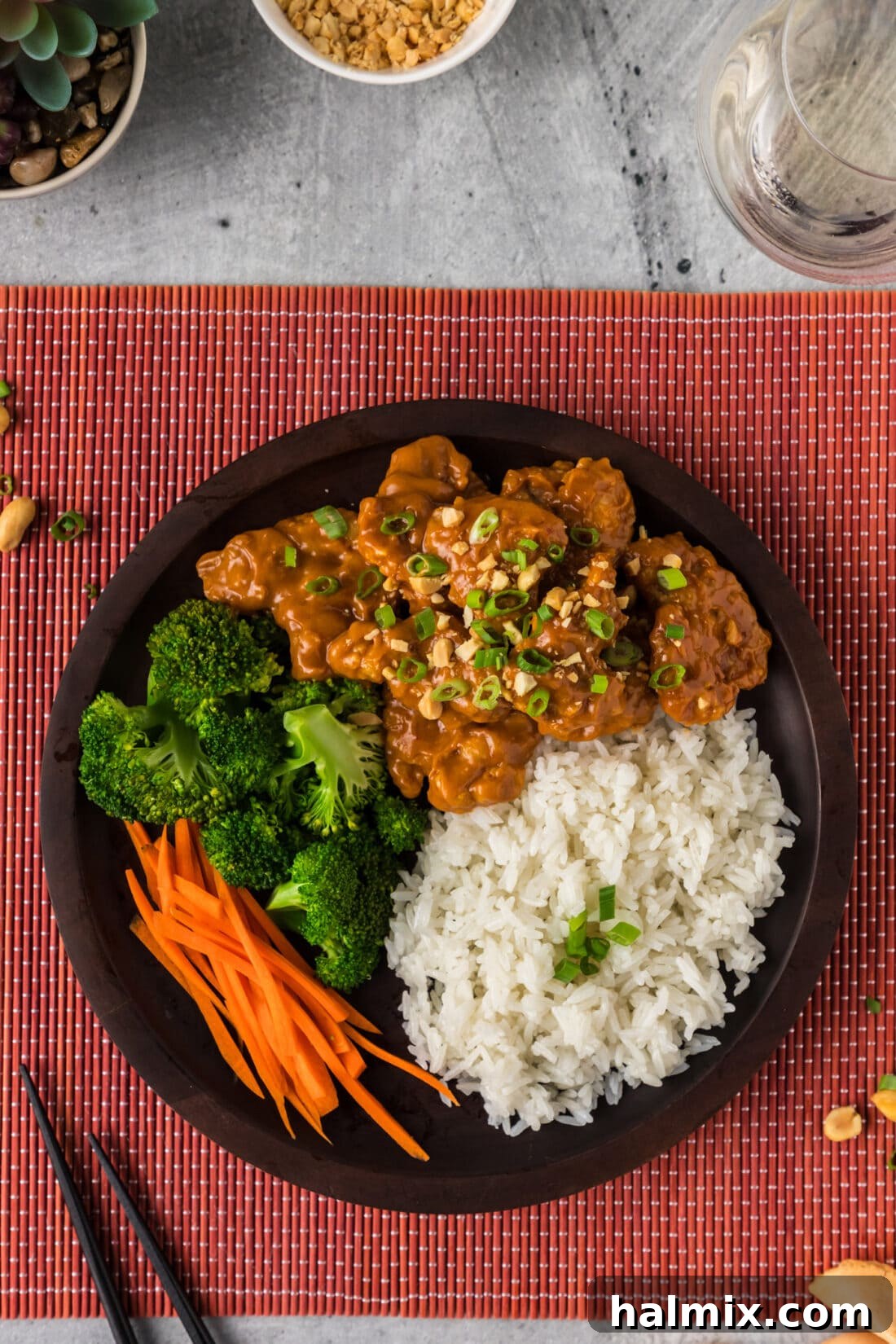 Plate of Peanut Butter Chicken with rice and vegetables