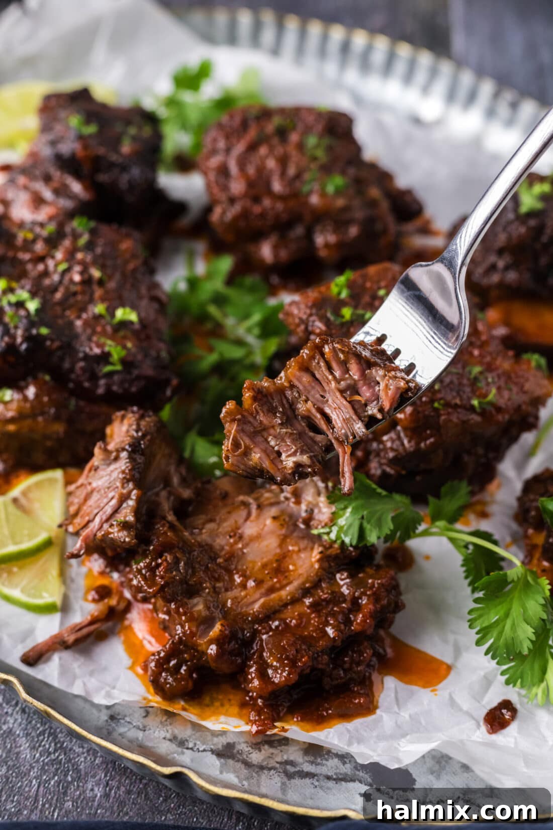 A fork effortlessly pulling apart a piece of tender Mexican Short Rib, showcasing its incredible tenderness and rich texture.