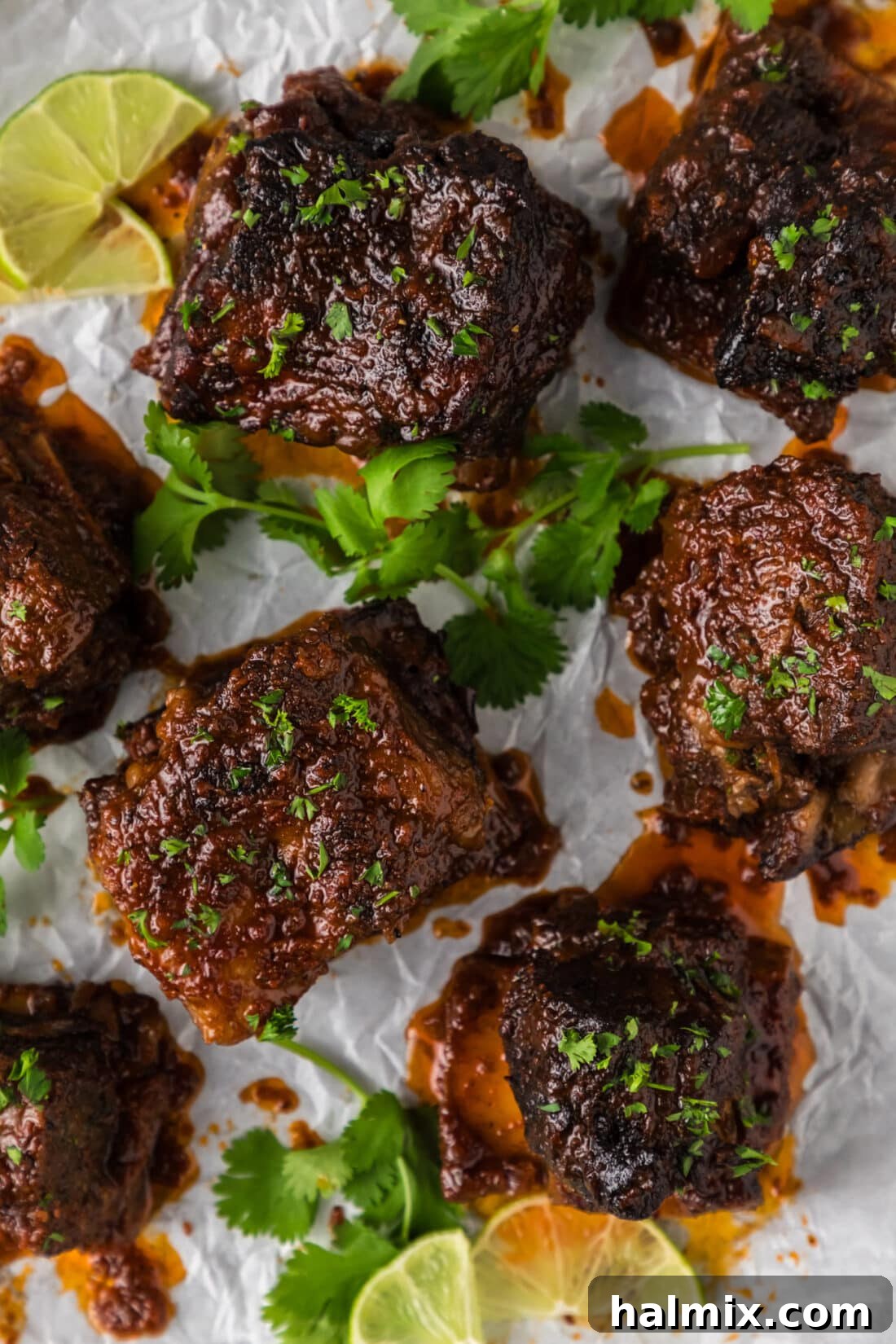 An overhead shot of a platter filled with mouth-watering Mexican Short Ribs, garnished and ready for serving.