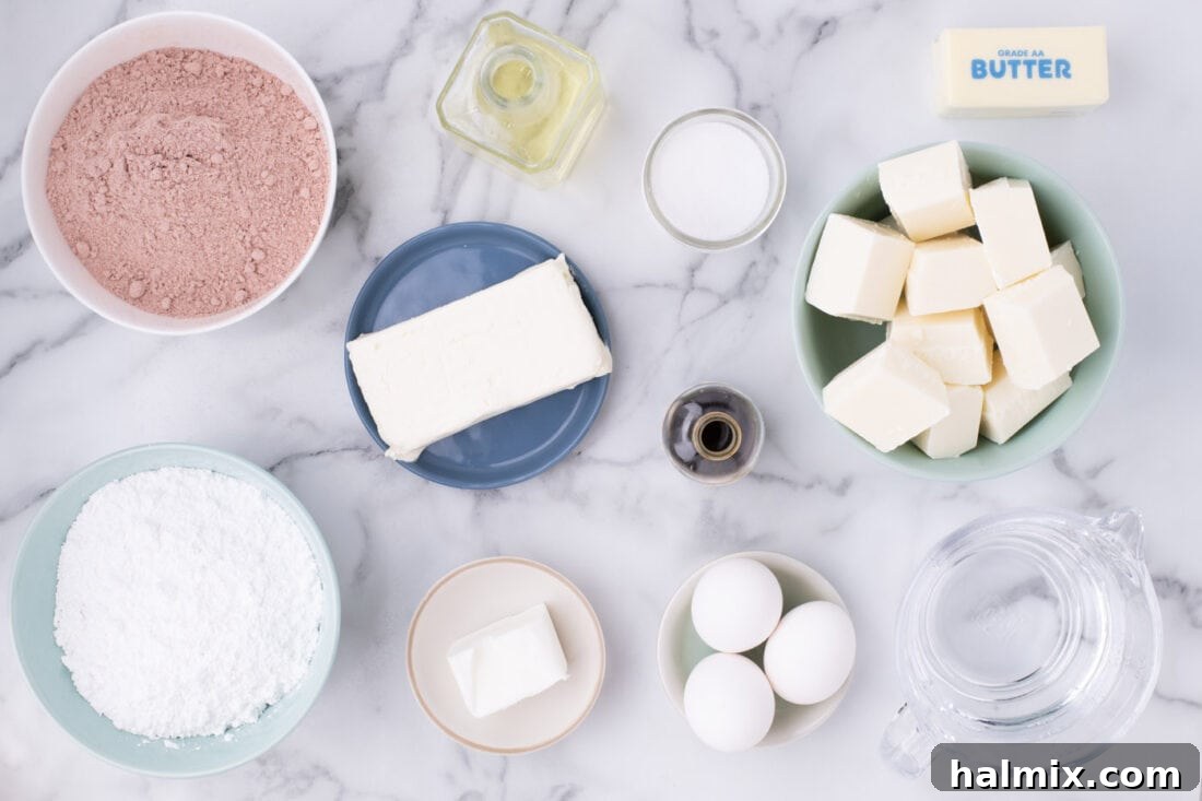 A selection of ingredients for Red Velvet Cake Balls laid out on a surface