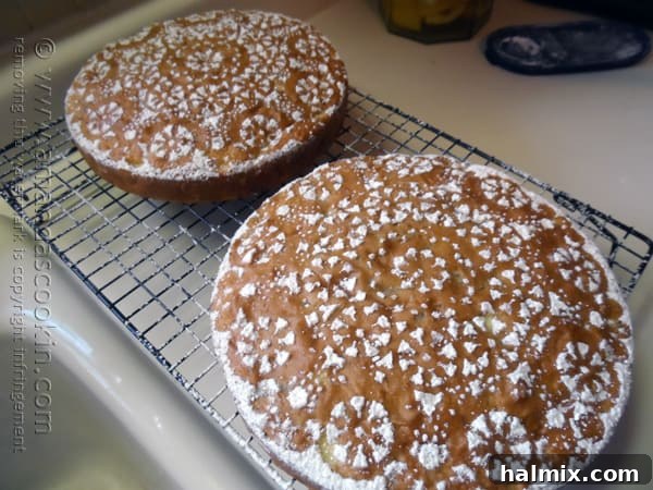 Two finished Merryfield apple cakes, each beautifully adorned with a powdered sugar doily pattern, ready to impress.