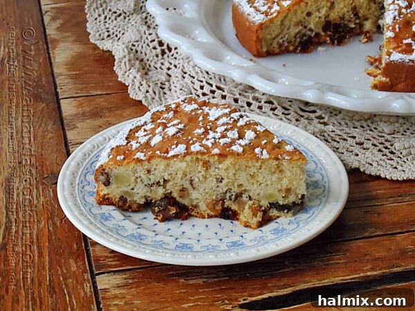 A perfect slice of Merryfield apple cake adorned with powdered sugar, served on an elegant white and blue plate.