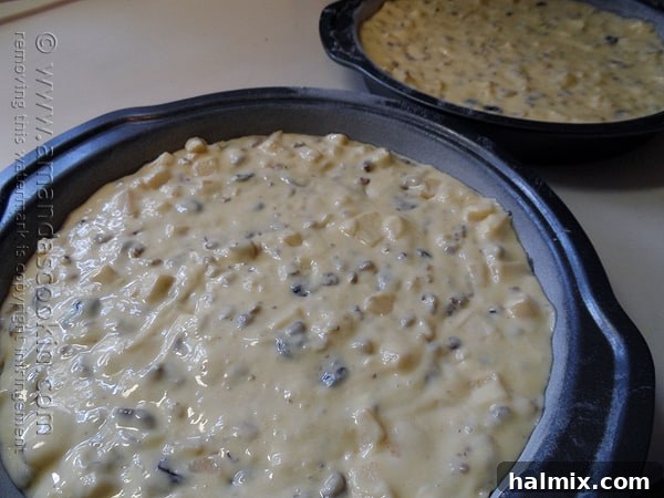 The lumpy, fruit-filled Merryfield apple cake batter perfectly divided into two round cake pans, ready for baking.