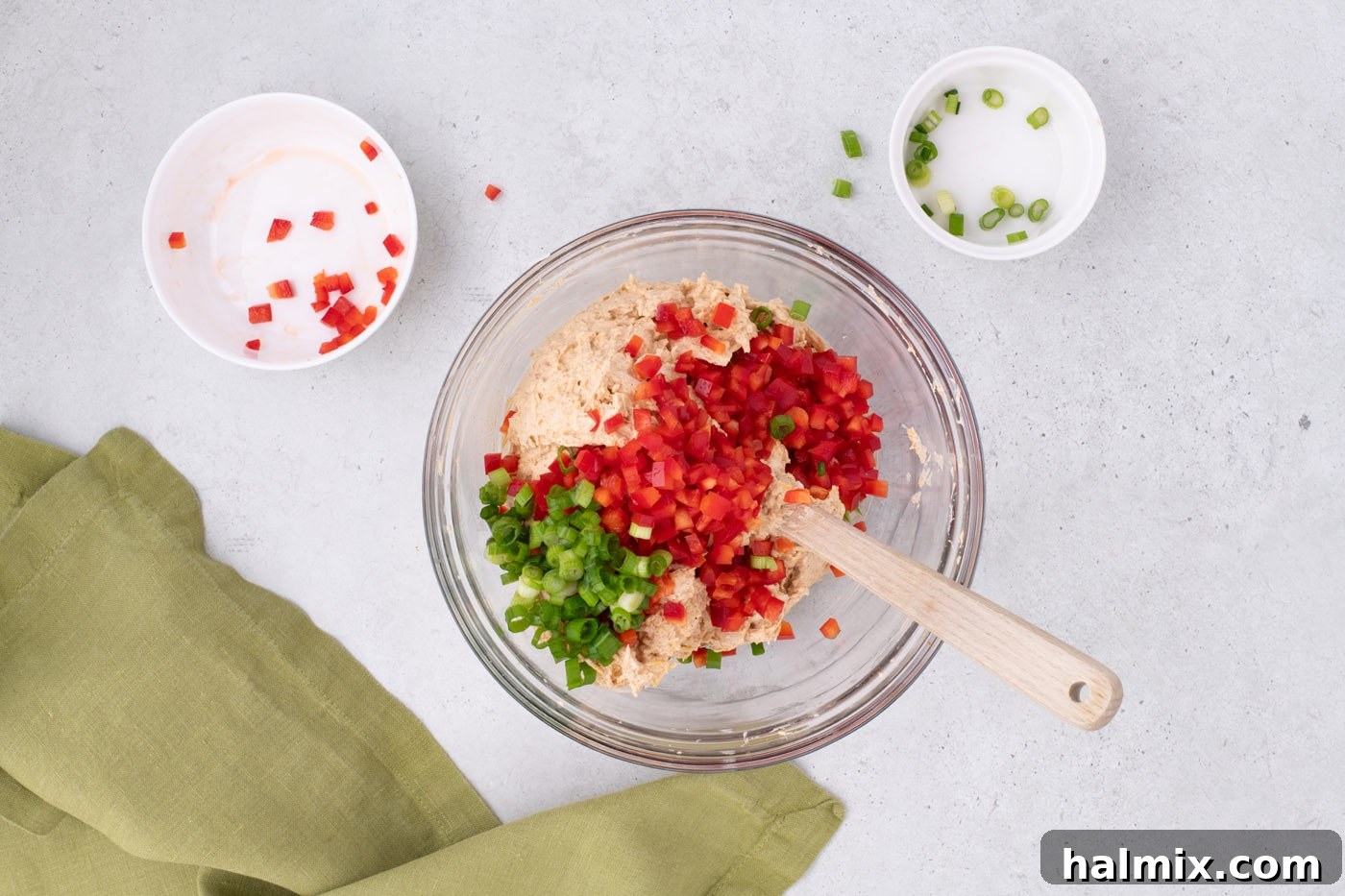 bell pepper and green onion added to cream cheese filling