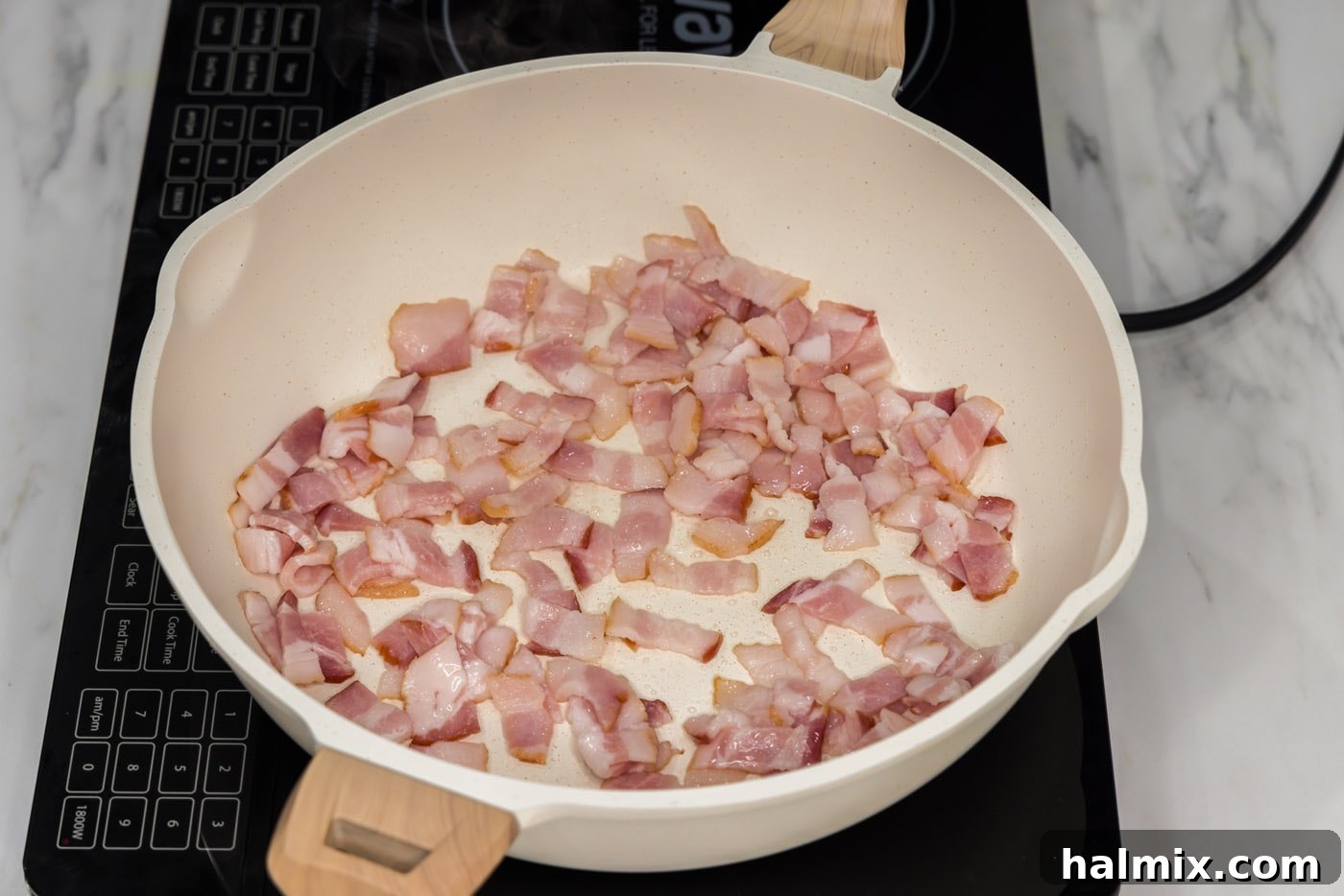 Fiery Fried Cabbage 5 chopped bacon in a skillet