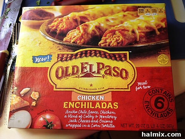 A close-up photograph of a package of Old El Paso chicken enchiladas, hinting at a delicious meal ahead.