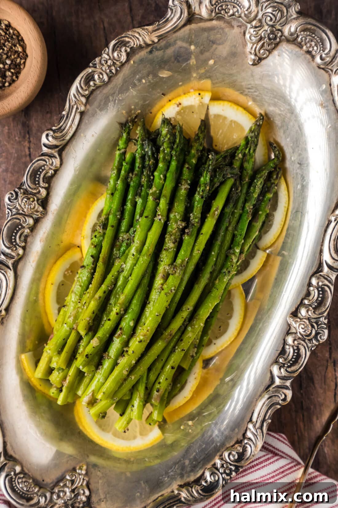 Spring's Tender Green Spears 2 Steamed Asparagus in an antique platter