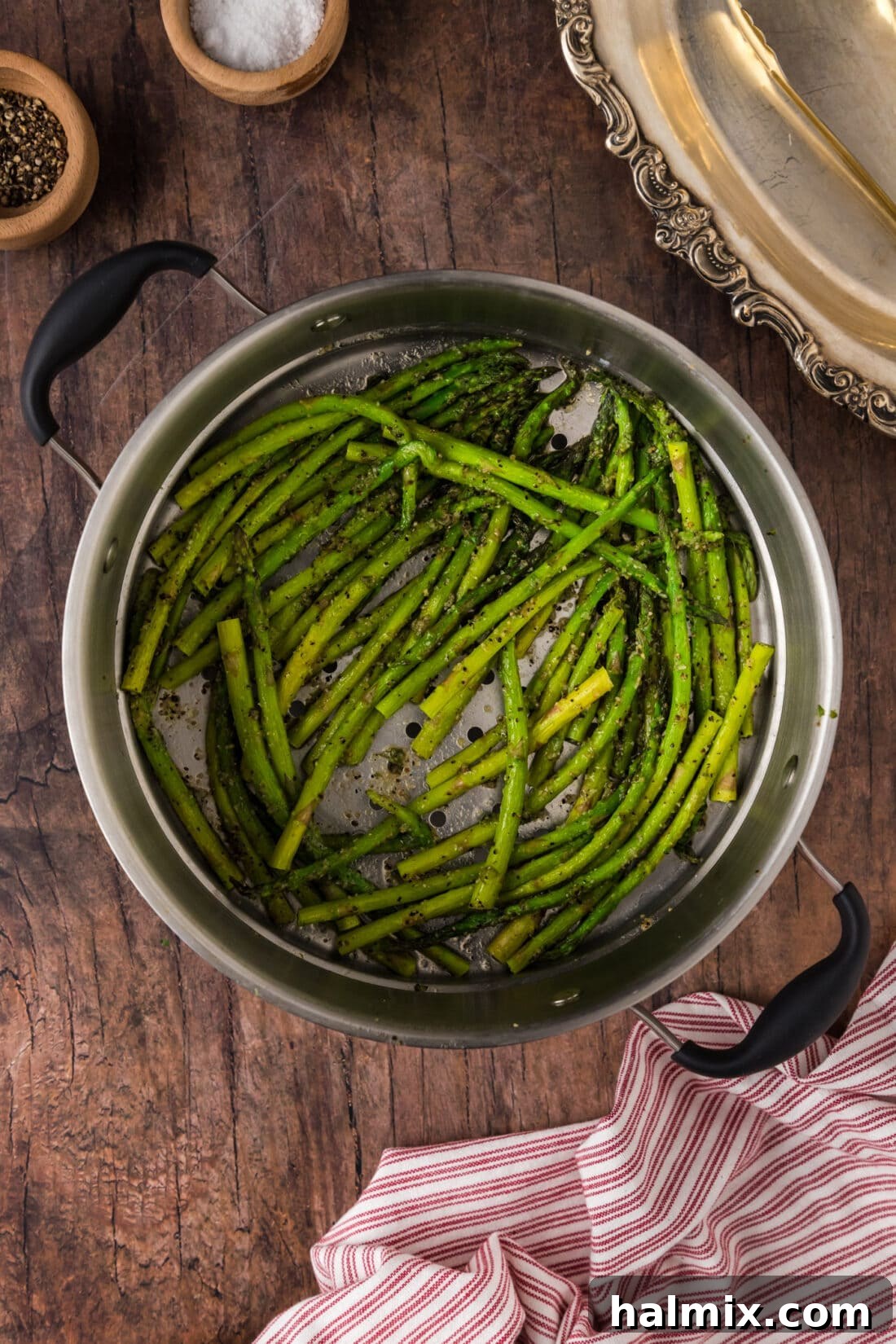 Spring's Tender Green Spears 3 Steamed Asparagus in a steamer basket