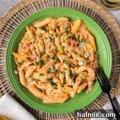 Plate of Buffalo Chicken Pasta, showing the creamy sauce and chicken with pasta.